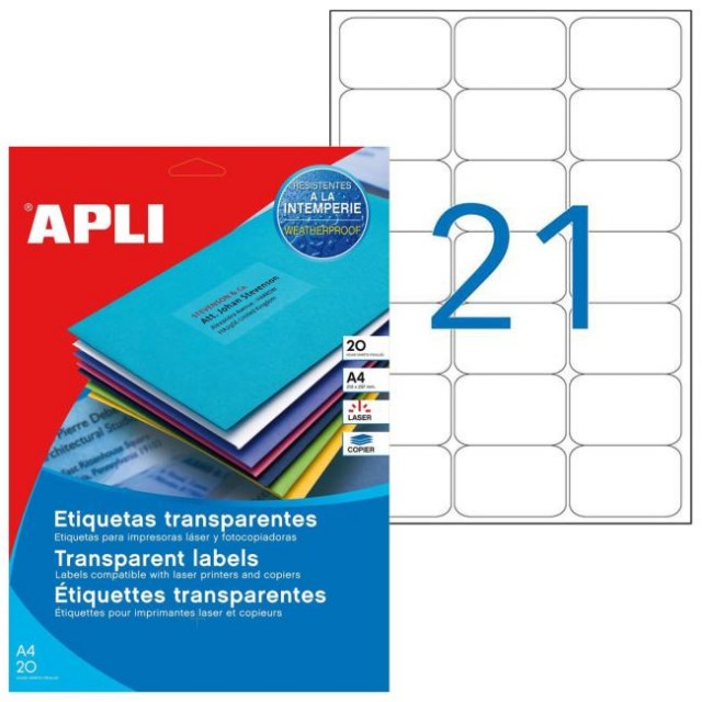 Etikety polyesterové priehľadné 63,5x38,1mm Agipa A4 laser 20 hárkov_1