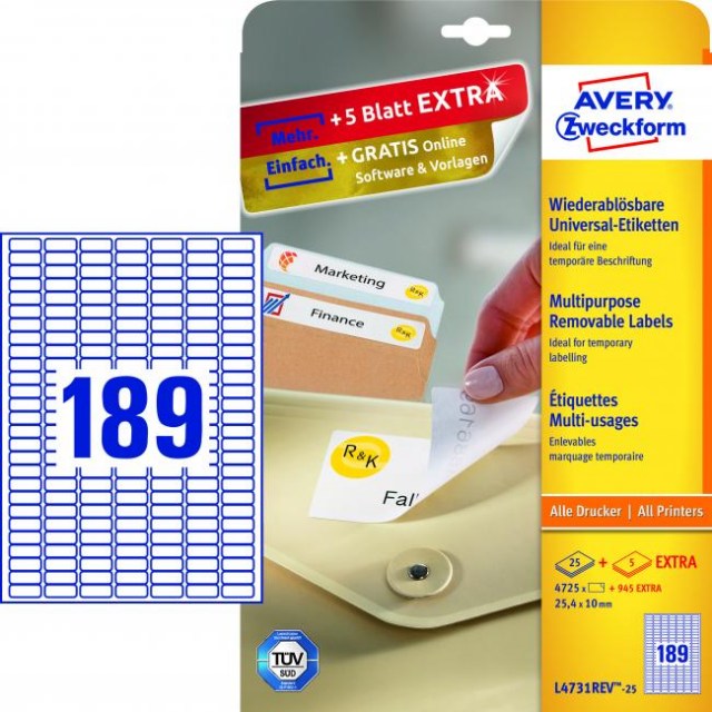 Etikety univerzálne odnímateľné 25,4x10mm Avery A4 25+5 hárkov_1