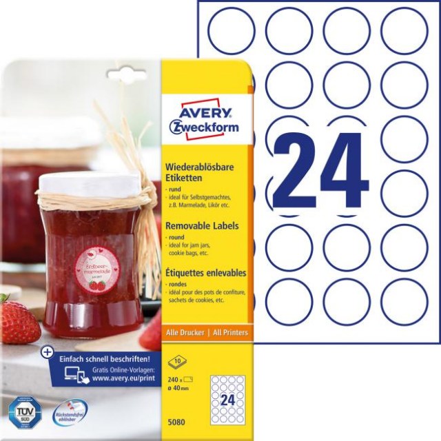 Etikety kruhové 40mm Avery 10 hárkov biele_1