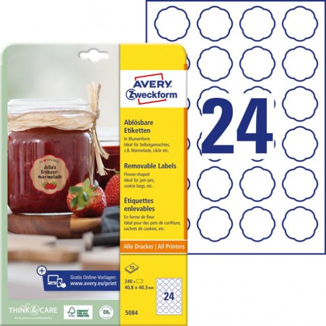 Etikety v tvare kvetu 40,8x40,3mm Avery 10 hárkov biele_1
