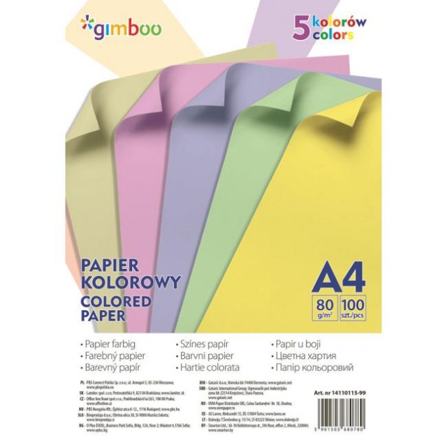 Farebný papier Gimboo A4 100 listov 80g 5 pastelových farieb_1