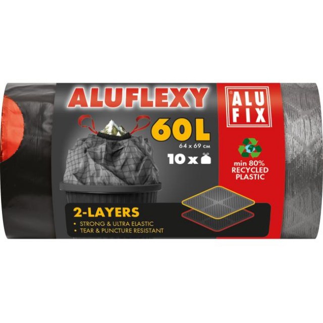 Vrecia na odpadky zaťahovacie, 60 l / 10 ks, 33my, LDPE 2 vrstvové, 64 x 69 cm, sivo-čiern
