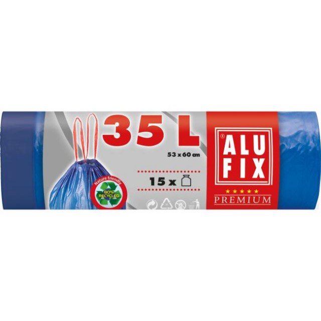 Vrecia na odpadky zaťahovacie, 35 l / 15 ks, 20my, 53 x 60 cm, modré, LDPE_1