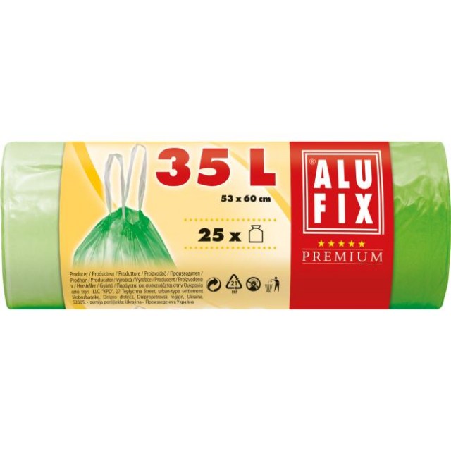 Vrecia na odpadky zaťahovacie 35 l / 25 ks, 14my, 53 x 60 cm, zelené, HDPE_1