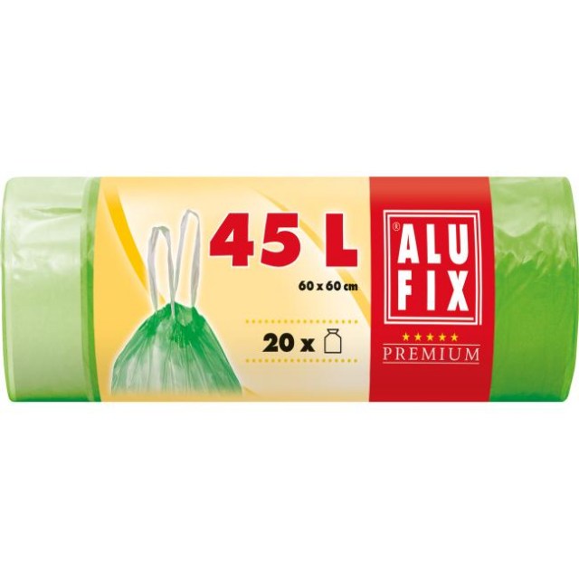 Vrecia na odpadky zaťahovacie, 45 l / 20 ks, 14my, 60 x 60 cm, zelené, HDPE_1