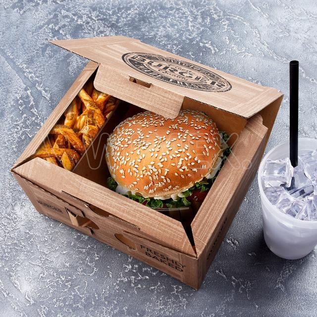 Burger box (mikrovlnitá lepenka) 2dielny kraft s potlačou 210 x 160 x 100 mm [100 ks]_3